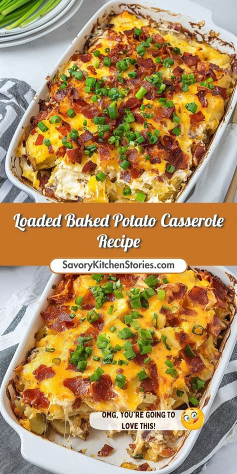 Searching for an irresistible side dish for your steak night? Try this Loaded Baked Potato Casserole Recipe, loaded with cheese and toppings that will steal the show. Save this recipe for a satisfying addition to your meal that your friends and family will ask for again and again! Fully Loaded Potatoes, Baked Potato Night, Oven Baked Loaded Potatoes, Sides Dishes With Steak, Loaded Cheesy Potatoes, Side Dishes For Steak Dinner Ideas, Best Potato Side Dish For Steak, Loaded Potatoes Casserole, Loaded Potato Casserole Recipes