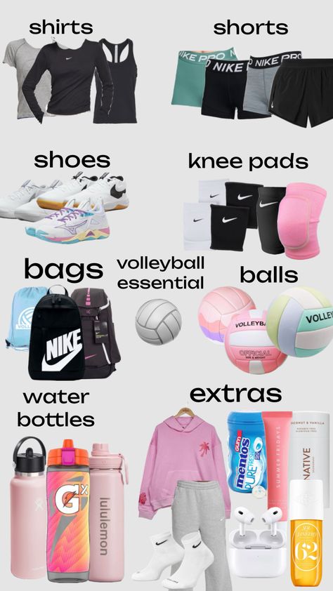 volleyball essentials! #volleyball Sports Bag Essentials, Volleyball Essentials, Volleyball Fits, V Ball, Volleyball Tryouts, Club Volleyball, Volleyball Things, Volleyball Life, Volleyball Bag