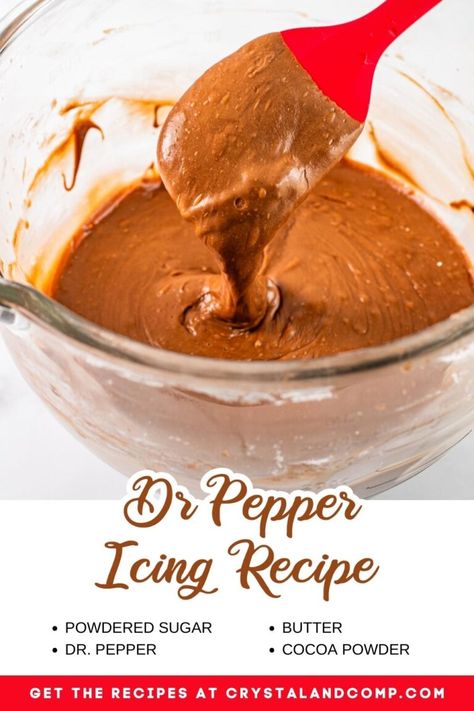 Dr Pepper Icing Recipes, Dr Pepper Flavored Cake, Dr Pepper Frosting Recipe, Dr Pepper Recipes Desserts, Dr Pepper Frosting, Dr Pepper Brownies From Scratch, Dr Pepper Poke Cake, Dr Pepper Fudge, Dr Pepper Brownies Recipes