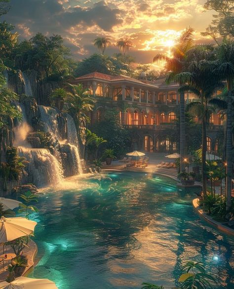 Fantasy Hotel, Luxury Houses Mansions, Anime Places, Tropical Architecture, Dream Life House, Iphone Wallpaper Hd Nature, Fantasy Setting, Fantasy Places, English House