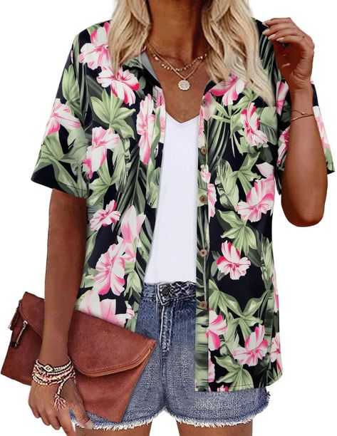 Hawaiian Button Up Outfit Women, Tiki Bar Outfit Ideas, Hawaiian Shirts For Women, Hawaii Luau Outfit, Hawaiian Theme Party Outfit Women, Hawai Party Outfit, Hawaii Outfits Party, Hawaiian Themed Outfits, Hawaiian Vacation Outfits