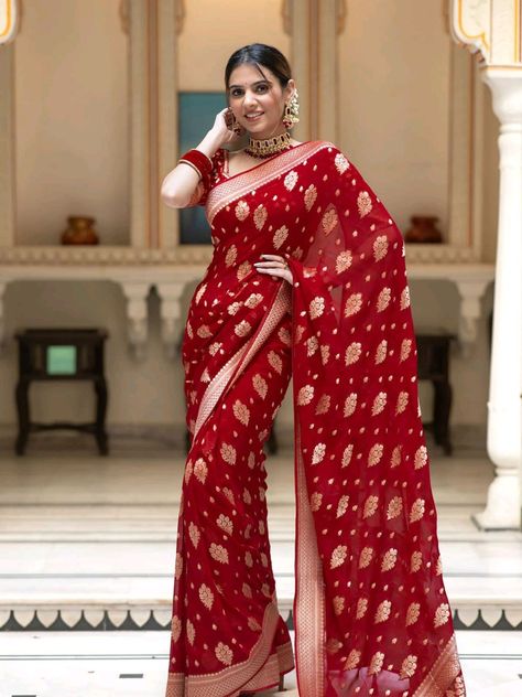 Elevate your style with our stunning Semi Banarasi Georgette sarees! Perfect blend of tradition & elegance. Shop now and shine at every occasion! ✨👗 Explore the collection: [https://www.virajafashionista.com/collections/semi-banarasi-sarees/Banarasi-sarees] Khadi Fabric, Fancy Tassels, Box Folding, Khadi Saree, Jacquard Blouse, South Indian Sarees, Indian Silk Sarees, Party Kleidung, Red Saree