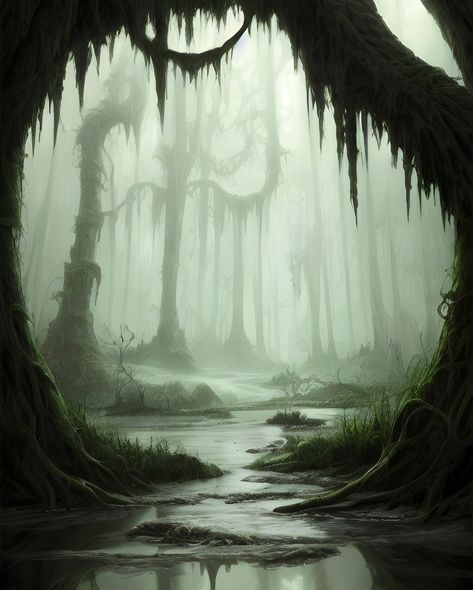 Prints art of haunted mysterious green swamp is now available. SHOP MORE HERE ! Swamp Trees Drawing, Swamp Village Fantasy Art, Swamp Monster Concept Art, Swamp Genasi, Fantasy Swamp Art, Marshland Aesthetic, Haunted Forest Art, Swamp Aesthetic Dark, Haunted Forest Aesthetic