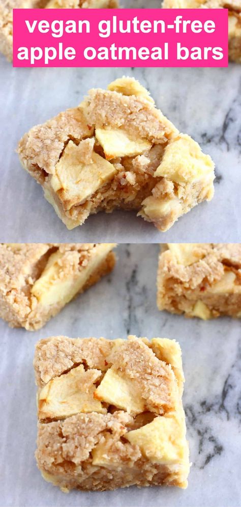 These Vegan Apple Oatmeal Bars are soft and chewy, lightly spiced and packed with chunks of sweet, juicy apples! They're quick and easy to make, require just a few simple ingredients, and the recipe is easily customisable. They're also gluten-free, dairy-free, egg-free and refined sugar free, and can also be made completely sugar free and oil-free. They're great for dessert, a snack or breakfast, and also perfect for meal prep and packed lunches. Easy Vegan And Gluten Free Desserts, Gluten Free Oil Free Vegan Recipes, Egg Free Bars, Vegan Date Bars Recipe, Vegan Apple Oatmeal Bake, Vegan Oatmeal Bars Breakfast, Fat Free Sugar Free Recipes, Gluten Free Dairy Free Sugar Free Snacks, Soy Free Dessert Recipes