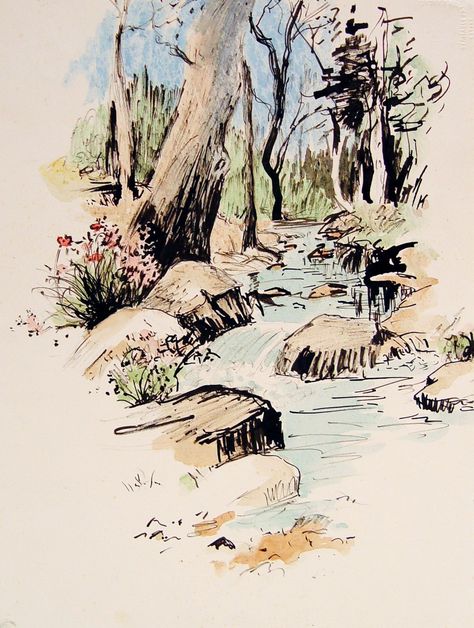 Simple Watercolor Sketches, Nature Simple Drawing, Art Sketches Ideas Creative Sketchbook Pages, Ink And Wash Watercolors, Ink With Watercolor, Stream Water, Sketch Simple, Easy Tattoo, Poses Art