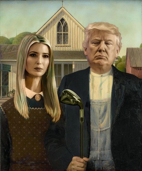 https://flic.kr/p/UqEFCp | American Covfefe | Not an original idea, I grant you, but it's important that if you do an iteration of Grant Wood's American Gothic, do it well. Make it look real instead of a hack job. (Title changed to suggestion by Gary Quay...see below.) American Gothic Painting, American Gothic Parody, Grant Wood American Gothic, Gothic Painting, Gothic Images, Grant Wood, Face Illustration, American Gothic, Art Parody