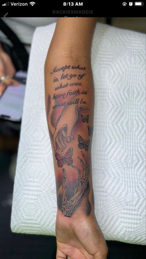 Half Sleeve Tattoos With Meaning, Skeleton Tattoo Ideas Female, Inside Of Forearm Tattoo Women, Tattoo Ideas Four Arm, Cute Sleeves Tattoos For Women, Tattoos About Strength Sleeve, Word Sleeve Tattoos For Women, Self Love Sleeve Tattoo, Rip Grandma Tattoos Black Women