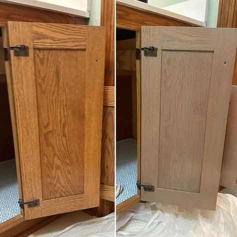 ALL-IN-ONE Paint by Heirloom Traditions | Toasted Oak #allinonestain strikes again Denna Hanson Rentz started her #bathroomvanity makeover by staining the back one door. This is 1… | Instagram Original Oak Kitchen Cabinets, Kitchen Cabinet Stain Before And After, Whitewash Oak Cabinets Kitchens, Limewax Kitchen Cabinets, Refinish Wood Cabinets Kitchen, Gel Stain Kitchen Cabinets Oak, Sand And Stain Cabinets, Refinished Wood Cabinets, Change Stain On Kitchen Cabinets