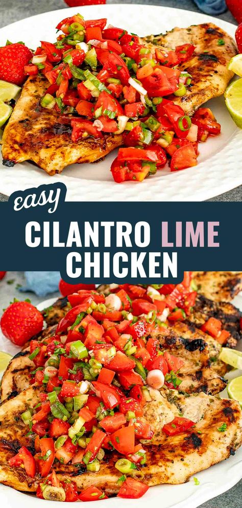 Brighten up your summer meals with this Cilantro Lime Chicken topped with a fresh Strawberry Salsa. 🍓🍗 #CilantroLimeChicken #StrawberrySalsa #GrilledChicken #SummerRecipes #QuickMeals Tomato Cilantro Chicken, Strawberry Chicken, Strawberry Salsa, Cilantro Chicken, Jo Cooks, Salsa Ingredients, Cilantro Lime Chicken, Summer Meals, Fast Dinners