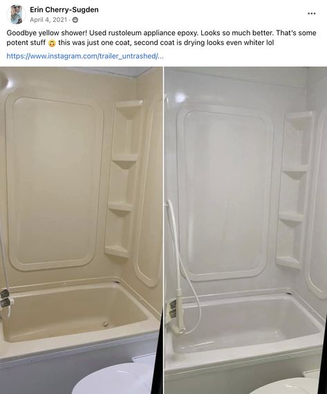 How to Fix a Yellow Camper Shower | RV Inspiration Appliance Epoxy, Paint Rv, Rv Inspiration, Camper Bathroom, Shower Remodel Diy, Sink Repair, Shower Renovation, Bathroom With Tub, Shower Inserts