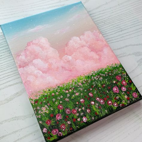 Clouds And Flowers Painting, Pink Cloud Painting Acrylic, Pink Landscape Painting Acrylic, Pink Background Acrylic Painting, Simple Landscape Painting Ideas, Pink Flowers Painting Acrylic, Cloud Landscape Painting, Painting Sky Acrylic, Acrylic Painting Inspo Aesthetic Easy