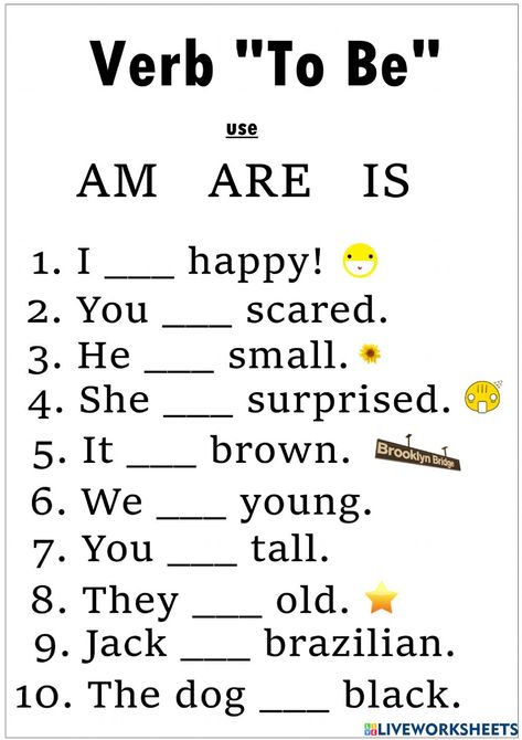 Is am are interactive worksheet for G5. You can do the exercises online or download the worksheet as pdf. Verb To Be Worksheets For Kids, Verbs Activities For Kids, To Be Worksheet For Kids, Ukg Worksheets English, To Be Verbs, Verb To Be Worksheets, Be Verbs, Kertas Kerja Prasekolah, अंग्रेजी व्याकरण