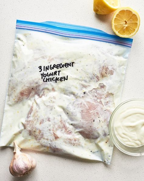 3-Ingredient Yogurt Marinated Chicken. Need recipes and ideas for marinades that are healthy? Use chicken breasts, thighs, or drumsticks. Can be prepared baked  in ovens, grilled (either on kabobs or whole) or pan fried. Easy to make with garlic, lemon, and yogurt. Lamb Marinade, Greek Chicken Marinade, Yogurt Marinated Chicken, Yogurt Marinade, Pork Marinade, Yogurt Chicken, Easy Marinades, Marinade Recipes, Greek Chicken