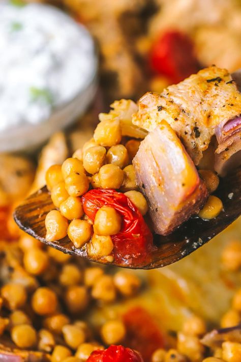 This One Pan Roasted Chicken with Chickpeas & Tomatoes is a simple, easy and delish dinner. Plus it's packed with 48g of protein per serving! Chickpea And Tomato Recipe, Chickpeas And Tomatoes, Chicken With Chickpeas, Chicken Chickpeas, Chickpea Tomato, Pan Roasted Chicken, Pulses Recipes, Chicken Chickpea, Holiday Salads