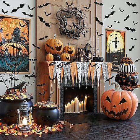 Bat Wall Decor Halloween Decorations, Cheap Halloween Party, Pelottava Halloween, Halloween Fireplace, Halloween Living Room, Halloween Mantle, Halloween Fest, Diy Halloween Decor, Halloween Kitchen