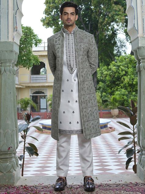 Open Indowestern For Men, Nikkah Outfit Men, Open Sherwani Men, Open Jacket Sherwani, Groom Dress For Wedding, Open Sherwani, Men Wedding Sherwani, Sherwani Jacket, Men Wedding Dress