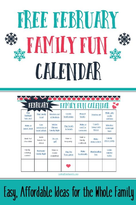 Download this Free February Family FUn Calendar and start making memories with your family! The calendar is full of easy and affordable ideas to keep your family having fun and building stronger relationships. Family Fun Calendar, Family Having Fun, Fun Calendar, Romanticized Life, Mommy Ideas, February Activity, February Calendar, Family Challenge, Christian Homemaking