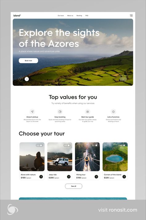 Hi everyone! We are thrilled to present the design of our new landing page for an app that allows users to book tours to the Azores Islands. 

The landing page for this travel app consists of several sections: the main block describing the service, a section highlighting the advantages, a tour selection block, a travel blog, and a section for purchasing tours. Simple Home Page Design Website, Social Media Section Web Design, Blog Ux Design, Website For Projects, Simple Web Design Inspiration, Tour Guide Website Design, Location Page Web Design, News Landing Page, Website Block Design