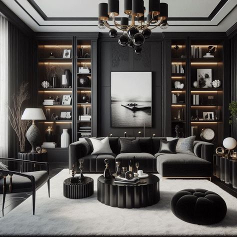 Luxury Black and White Living Room Masculine Modern Living Room, Living Room Monochrome, Black Gloss Furniture, Black And White Living Room Ideas, Modern Living Room Black, White Living Room Ideas, Dark Deco, Interior Design Living Room Modern, Simone Ashley