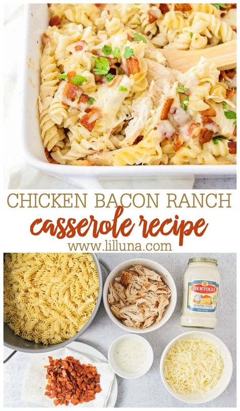 Chicken Bacon Alfredo, Bacon Ranch Casserole, Chicken Bacon Pasta, Ranch Casserole, Easy Shredded Chicken, Creamy Alfredo Sauce, Chicken Ranch Pasta, Chicken Bacon Ranch Pasta, Chicken Bacon Ranch Casserole