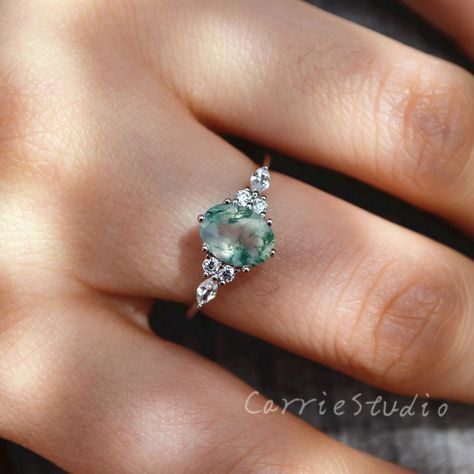 Moss Agate Engagement Ring Oval, Silver Green Engagement Ring, Silver Moss Agate Engagement Ring, Silver Engagement Rings Unique, Moss Agate Engagement Ring Silver, Whimsical Engagement Ring, Green Moissanite Engagement Ring, Green Engagement Rings, Marvel Jewelry