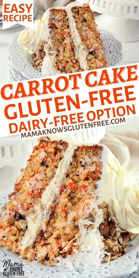 An easy recipe for gluten-free carrot cake with cream cheese frosting. This gluten-free cake recipe also has a dairy-free option. Gluten Free Dairy Free Cake, Gluten Free Carrot Cake Recipe, Lactose Free Desserts, Dairy Free Carrot Cake, Gluten Free Dairy Free Dessert, Dairy Free Frosting, Gluten Free Easter, Gluten Free Cake Recipe, Gluten Free Carrot Cake