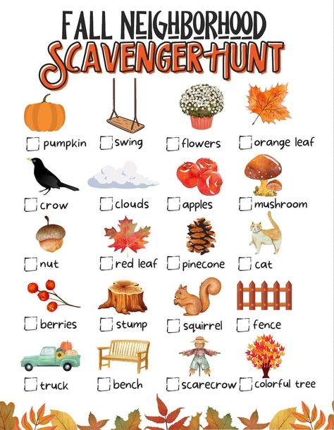 Family Fall Scavenger Hunt Ideas, Preschool Fall Scavenger Hunt, Halloween Scavenger Hunt In The Woods, November Scavenger Hunt, Call Activities For Preschool, Fall Themed Scavenger Hunt, Signs Of Fall Scavenger Hunt, Fall Picture Scavenger Hunt, Toddler Fall Scavenger Hunt