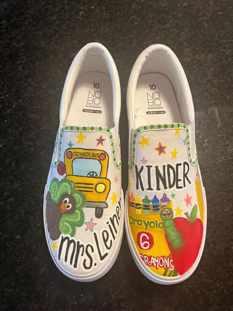 Custom hand painted shoes Art Teacher Costume, Hand Painted Round Toe Sneakers For Fun, Custom Teacher Shoes, Painted Shoes Diy Easy, Sharpie Canvas Shoes, Hand Painted Teacher Shoes, Painted Disney Shoes, Sharpie Canvas, Painted Shoes Disney