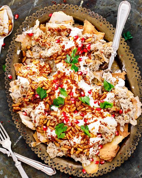 Chicken fatteh | Recipe | A kitchen in Istanbul Chicken Fatteh Recipe, Chicken Fatteh, Fatteh Recipe, Middle Eastern Chicken, Chickpea Hummus, Dried Chillies, Aleppo Pepper, Chilli Chicken, Pita Bread