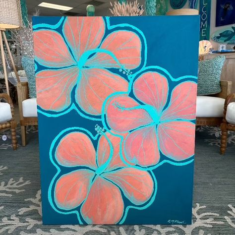 30x 40 Original Hibiscus Painting Sunshine & Sweet Peas Coastal Decor 12 By 12 Canvas Painting, Peaceful Canvas Painting, Easy Painting Backgrounds, Painted Canvas Wall Art, Blue Things To Paint, Cool Painting Ideas On Canvas Creative, How To Paint Hibiscus, Bright Paintings On Canvas, Cool Paintings For Room