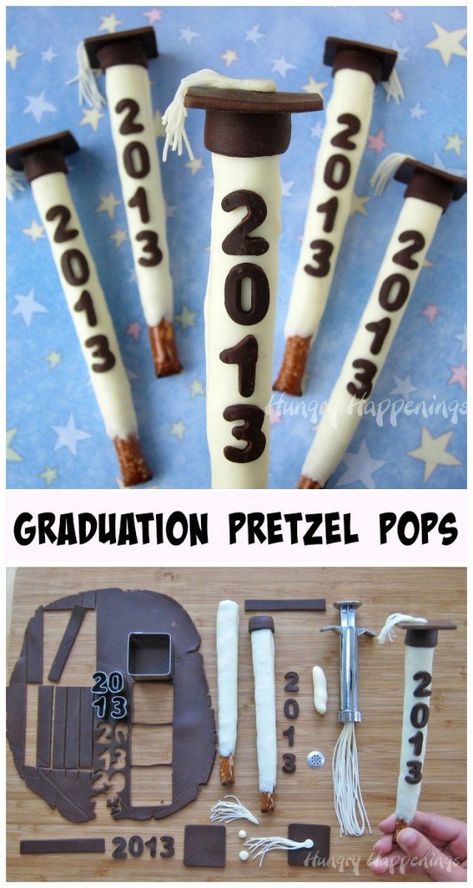 Make your commencement celebration extra special by serving Graduation Party Pretzel Pops. These white chocolate dipped pretzels decorated with modeling chocolate graduation caps can be personalized with the year of graduation, the school or the graduate's name. Graduation Party Snacks, Pretzel Pops, Graduation Party Desserts, Graduation Treats, Graduation Desserts, Graduation Party High, Graduation Party Foods, Senior Graduation Party, Chocolate Dipped Pretzels