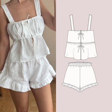 Sewing Pattern | Tie Crop Top and Ruffle Shorts | Sleeveless top | Summer Set |INSTANT DOWNLOAD Linen Shorts Pattern, Sewing Designs, Shorts Sewing Pattern, Shorts Sewing, Pattern Shorts, Shorts Pattern, Couture Mode, Tie Crop Top, Ropa Diy