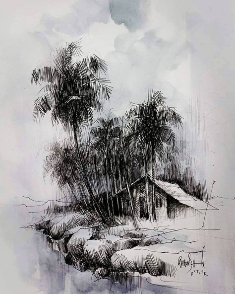 Pen Sketch Landscape, Pen Landscape Drawing, Black Pen Sketches, Pencil Sketches Landscape, Pencil Sketches Easy, Sketching Illustration, Landscape Pencil Drawings, Drawing Scenery, Pen Art Work