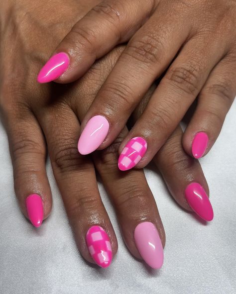 Checked Print 🩷 • • • Apres Natural Short Almond • DND Gel (Cotton Candy, Cherry Blossom) • • #nails #nailsnailsnails #nailsofinstagram #nailart #nailsbyavryl #gelx #gelxnailtech #gelxnails #apresgelx #explorepage #pinknails #almondnails Pink Cowgirl Nails, Preppy Pink Nails, Cowgirl Nails Designs, Preppy Nail Designs, Nail Designs Almond, Cowgirl Nails, Blossom Nails, Cherry Blossom Nails, Short Almond