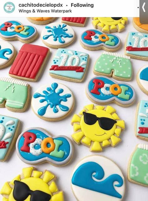 Pool Party Treats, Summer Sugar Cookies, Birthday Cupcakes Boy, Pool Party Cakes, Pool Cake, Beach Cookies, Sugar Cookie Royal Icing, Spring Cookies, Summer Cookies