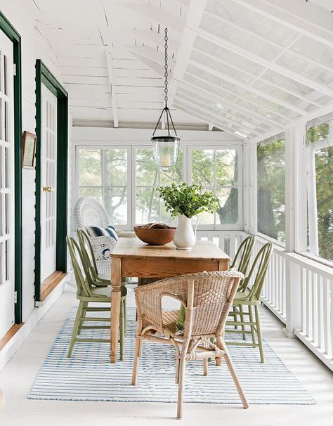 The Most Inspiring Screened-in Porch Ideas Potting Station, Porch Design Ideas, Cottage Porch, Privacy Shades, Painted Dining Chairs, Stained Table, Sunroom Designs, Porch Makeover, Outdoor Dining Room