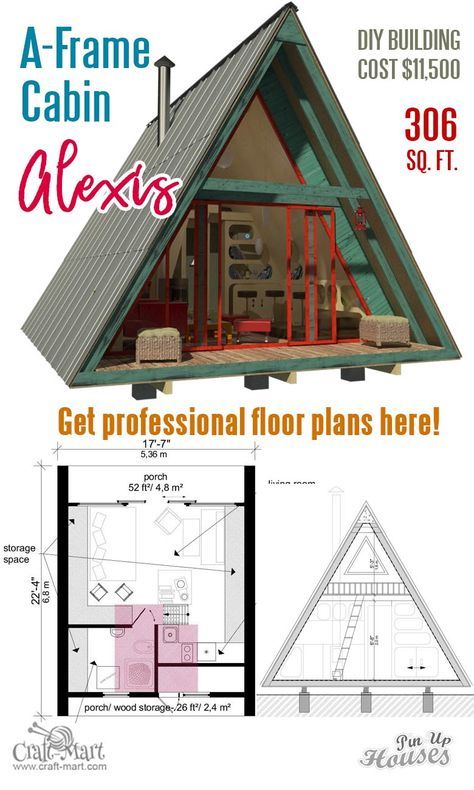 These small house plans with a loft well worth their price considering you may consult the architect through email or website in case of any construction questions. One of the best A-frame house plans on the market! #tinyhouse #a-framehouse Small A Frame House Plans, Tiny House A Frame Plans, A Frame Tiny House Plans Loft, Tiny House Blueprints Floor Plans, A Frame Shed Plans, A Frame Cabin Loft, Tiny A Frame House, House Plans With A Loft, A Frame Cabin Floor Plans