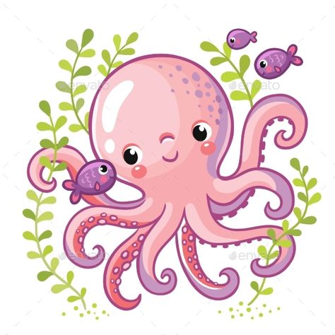 Cartoon young octopus surrounded by small sea fish and seaweed. Vector illustration in cartoon style for summer sea theme. Octopus Nursery, Octopus Drawing, Cute Octopus, Sea Theme, Art Drawings For Kids, Kraken, Nursery Wall Decor, Drawing For Kids, 그림 그리기