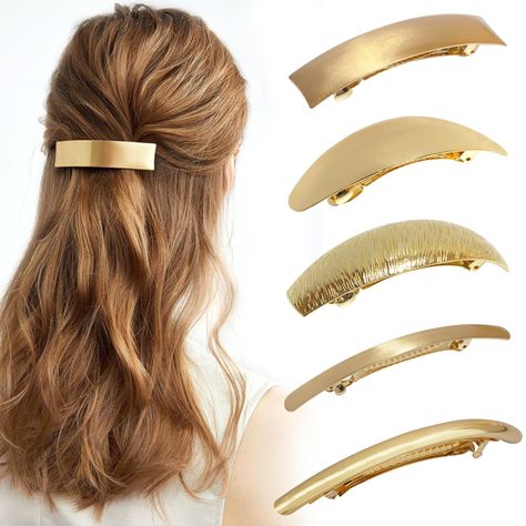 PRICES MAY VARY. Package includes: 5 pieces arc metal hair clips,Perfect for every occasion and any wonderful season.Elegant unique designed Fantastic hair clips for women lady Material: Alloy, high quality alloy makes them much pretty and exquisite Design: Simple design, fashionable style, add brilliance to your hair. The metal hair clip is designed with a snap switch that does not hurt the hair This long hair clip can go with any outfit you wear dressy or casual days NOT SUITABLE FOR CHILDREN Hair Clip Design Ideas, 90s Hair Clips, Gold Barrette, Purim Costume, Hair Clips Gold, Hair Accessories Gold, Gold Hair Clip, Long Hair Clip, Concert Ideas