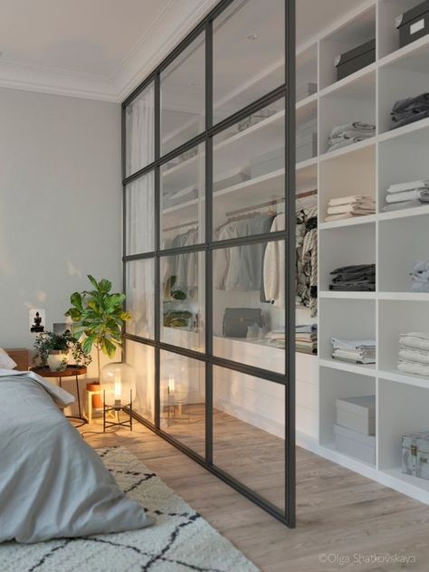 Glass Screen Closet Wall - 9 Amazing Bedroom Divider Closet Ideas To Maximize Your Space: A glass wall helps as a dividing wall helps the bedroom to feel a little more open even though there is a wall divider between the bedroom and the closet space. Just draw the curtain to hide the closet area while sleeping. Design by Olga Shatkovskaya. @chloedominik #bedroomdivider #bedroomdivisionideas  #bedroomdividerideas #bedroomclosetdividerideas #bedroomclosetdivider #glassdividerwallbedrooms Bedroom Divider, Scandinavian Design Bedroom, Desain Furnitur Modern, Scandinavian Bedroom, غرفة ملابس, Hus Inspiration, Trendy Bedroom, Hem Design, Awesome Bedrooms