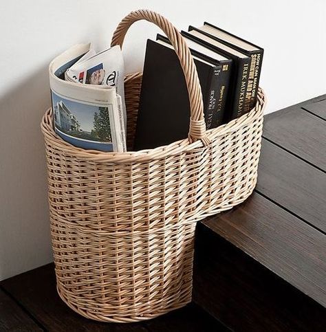 Stair basket: the answer for easily transporting things from floor floor. Having a "why didn't I think of this sooner?!" moment. Stair Basket, Organised Home, Potato Storage, Clothes Racks, Newspaper Basket, Small Space Storage, Paper Weaving, Shoe Racks, Upcycled Home Decor