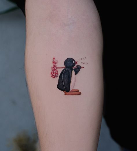 Nostalgic Delight: Colorful Pingu Cartoon Tattoo by Kikimory Pingu Tattoo, Innocence Tattoo, Pingu Cartoon, Small Color Tattoo, Nostalgic Tattoos, Nostalgia Tattoo, Memories Tattoo, Page Tattoo, Penguin Tattoo