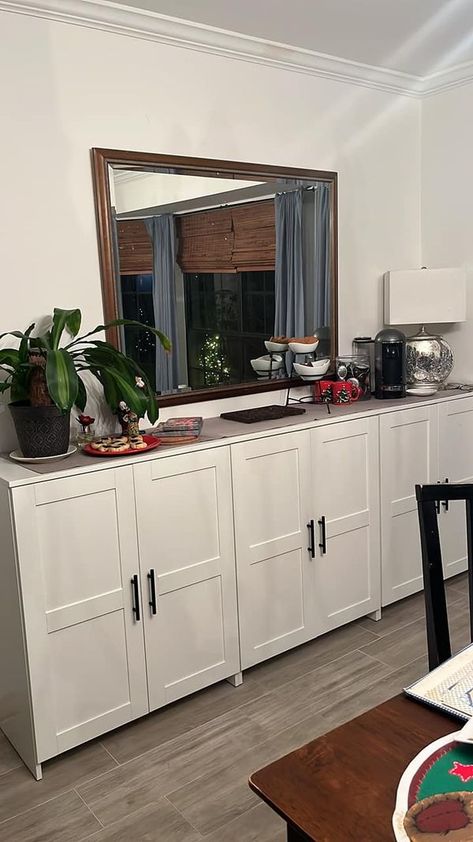 Ikea tips, hacks and more! | Not a hack but just got my wall built in dining room | Facebook Ikea Dining Room Storage, Dining Room Storage Wall, Dining Room Built In Buffet, Built In Dining, Dining Room With Built Ins, Ikea Dining Room, Dining Room Built In, Built In Buffet, Dining Room Shelves