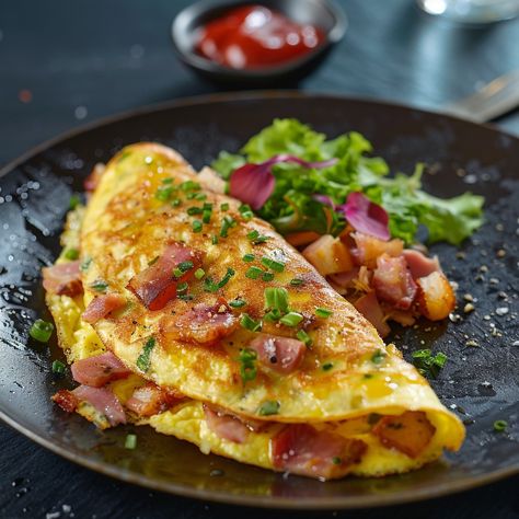 Recipe for Gourmet Omelette with Bacon and Ham Ingredients: 4 large eggs 1/4 cup milk or cream Salt and black pepper to taste 2 tablespoons butter 1/2 cup cooked bacon, chopped 1/2 cup cooked ham, diced 1/4 cup grated cheese (cheddar, Gruyere, or your favorite) 2 tablespoons fresh chives, chopped Fresh parsley, chopped (for garnish) Mixed greens (for serving, optional) Instructions: Prepare the Egg Mixture: In a medium bowl, whisk together the eggs, milk or cream, salt, and black pepper unti... Essen, Gourmet Omelette, Cooked Ham, Cheese Cheddar, Gourmet Breakfast, Egg Dishes, How To Cook Ham, Gourmet Desserts, Egg Dish