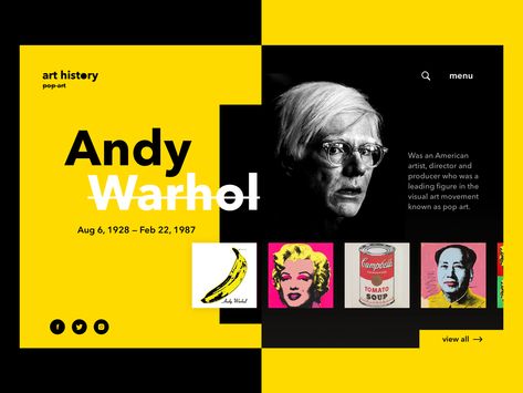 Pop Art Website Concept by Tanya Morenko Website Concept, Pop Art Artists, Abstract Graphic Design, Art Web, Art Apps, Web Layout Design, Website Layout, Web Template Design, Pop Design