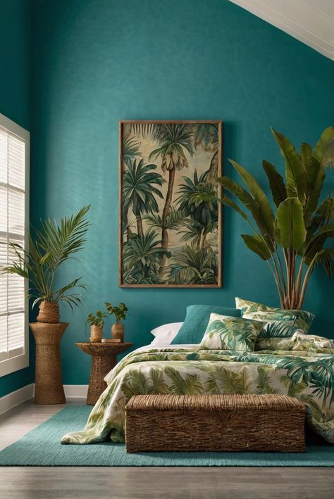 French Carribean Interior, Interior Design Turquoise, Tropical Beach Bedroom, Tropical Cottage Interiors, Tropical Bedroom Ideas Caribbean, Tropical Guest Bedroom, Resort Style Bedroom, Caribbean Homes Interiors, Palm Beach Bedroom