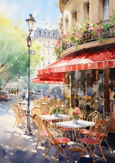 European Balcony, Cafe Paintings Art, Paris Watercolor Painting, Cafe Watercolour Painting, Cafe Paintings Art Coffee Shop, Coffee Shop Watercolor Painting, Paris Art Painting, French Cafe Acrylic Painting, Paris Cafe Painting