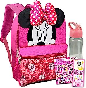 Minnie Mouse Stickers, Preschool Backpack, Minnie Mouse Backpack, Pink Water Bottle, Sequin Backpack, Kids School Supplies, Minnie Mouse Bow, Sequin Bag, Toddler Backpack