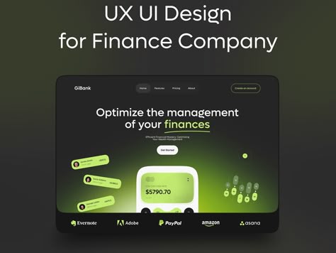 Finance Company | Gixlo UX/UI Concept :: Behance Website Form Design, Card Design Ui, Ui Ux Design Website, Green Website, Post Linkedin, Finance Website, Interactive Web Design, Best Landing Page Design, Website Design Inspiration Layout