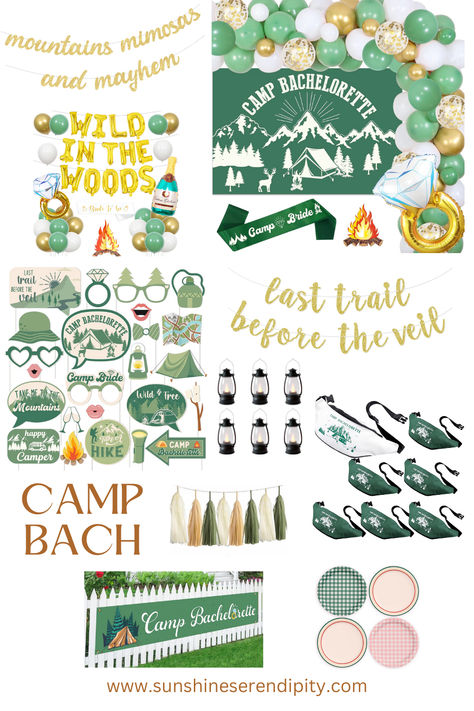 Camp Bach is going to be the theme for Summer Bach Parties! A weekend spent outdoors camping with the girlies sounds like a perfect place to be. Shop these finds on my blog! #affiliate Camp Bach 2024, Camp Bachelorette, Woodsy Party, Last Trail Before the Veil, Mountains Mimosas and Mayhem, Wild in the Woods, Green Bach Party Bachelorette Camp Badges, Themes For Bachelorette Party Ideas, Relaxing Bachelorette Party Themes, Bachelorette In The Woods, National Park Themed Bachelorette Party, Bachlorette Party Camp Theme, Hiking Themed Bachelorette Party, Mountain Bachelorette Party Themes, Camp Bachelorette Party Outfits